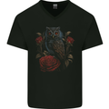 An Owl with Roses Birds Flowers Mens V-Neck Cotton T-Shirt Black