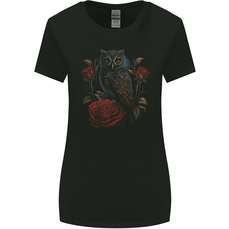 An Owl with Roses Birds Flowers Womens Wider Cut T-Shirt Black