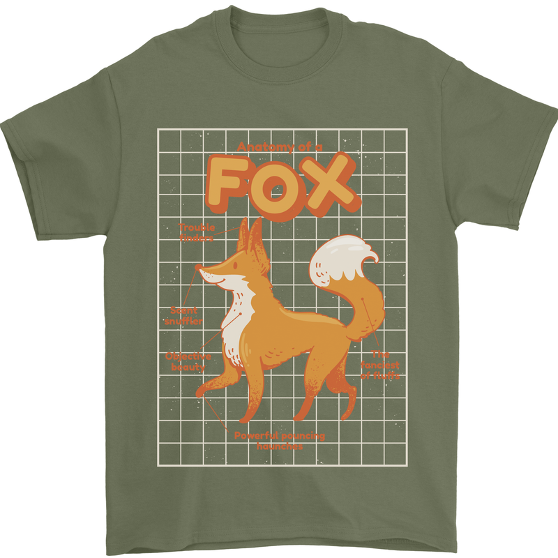 Anatomy of a Fox Funny Foxes Mens T-Shirt 100% Cotton Military Green