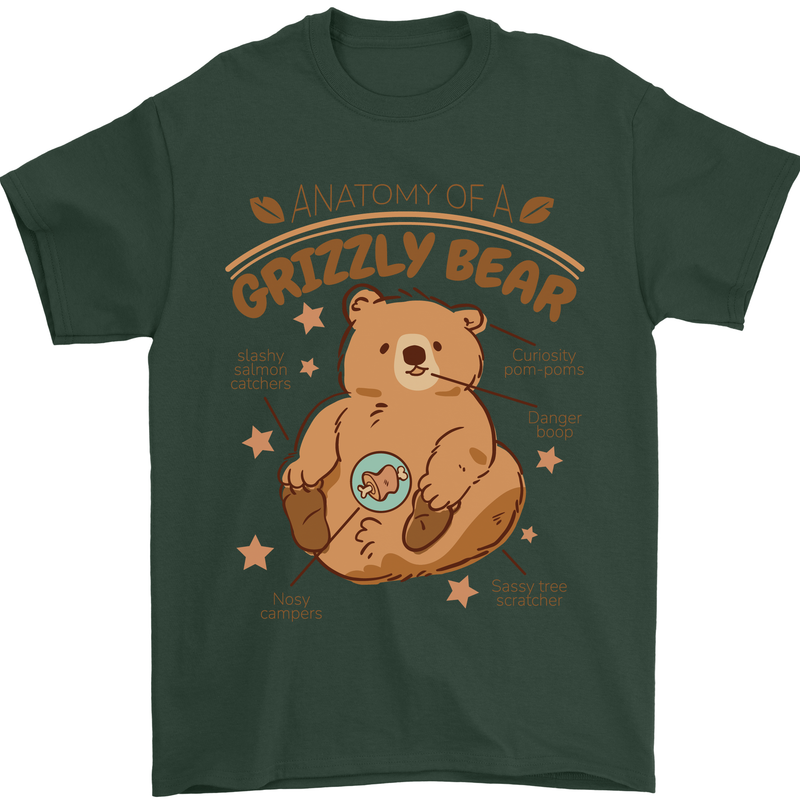 Anatomy of a Grizzly Bear Mens T-Shirt 100% Cotton Forest Green