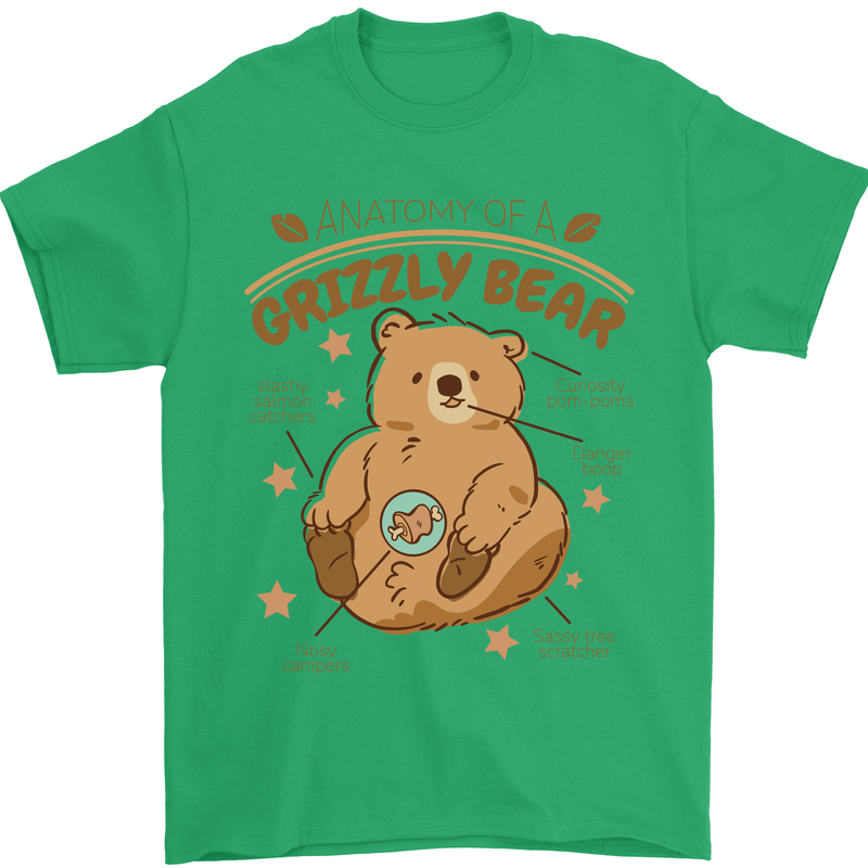 Anatomy of a Grizzly Bear Mens T-Shirt 100% Cotton Irish Green