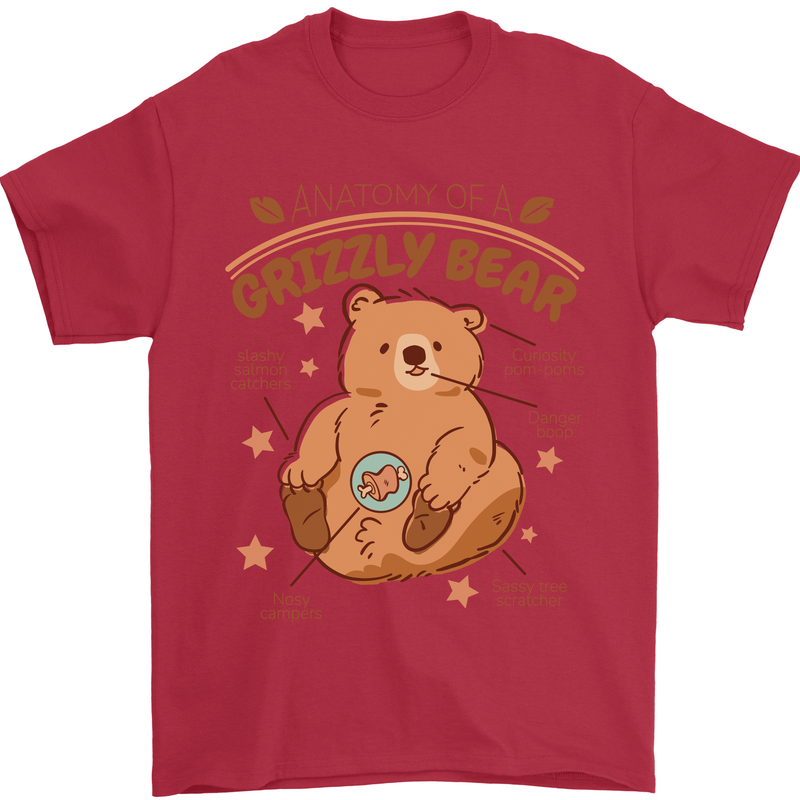 Anatomy of a Grizzly Bear Mens T-Shirt 100% Cotton Red
