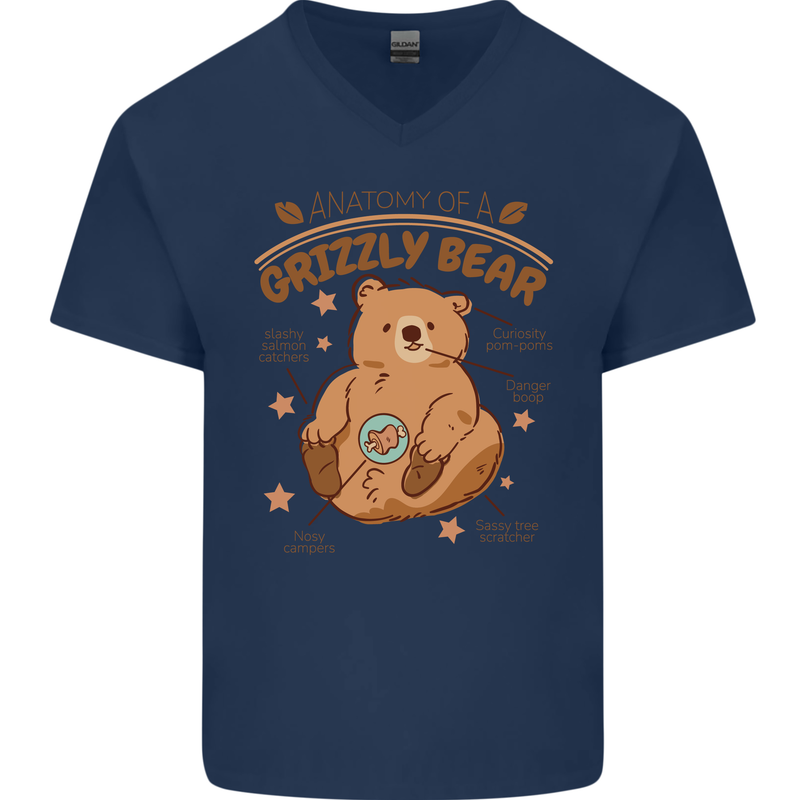 Anatomy of a Grizzly Bear Mens V-Neck Cotton T-Shirt Navy Blue