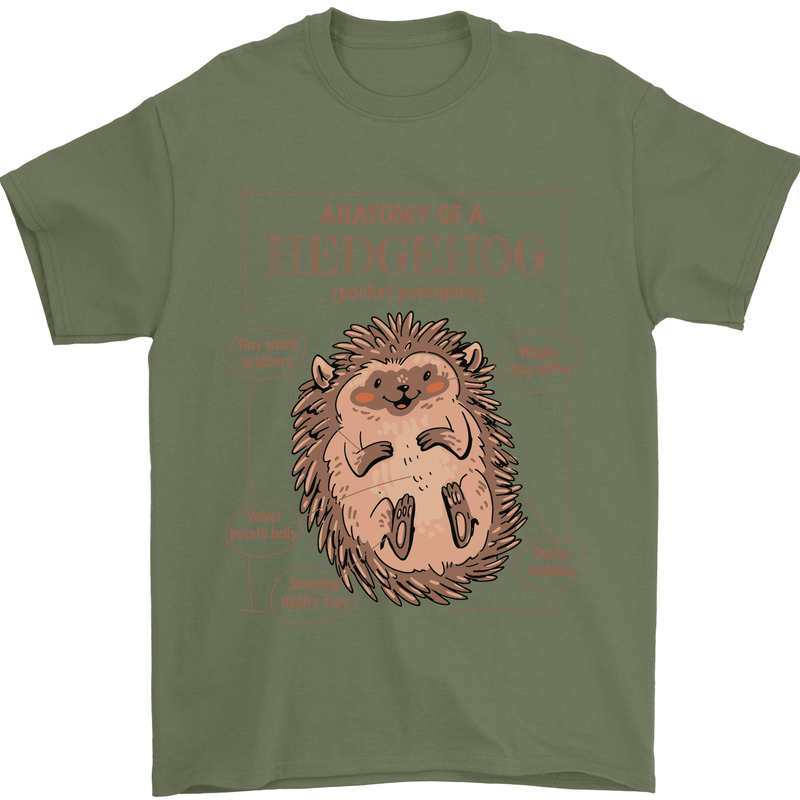 Anatomy of a Hedgehog Funny Mens T-Shirt 100% Cotton Military Green
