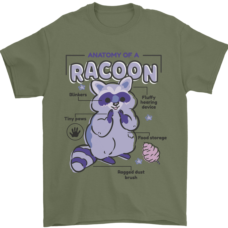 Anatomy of a Racoon Funny Mens T-Shirt 100% Cotton Military Green