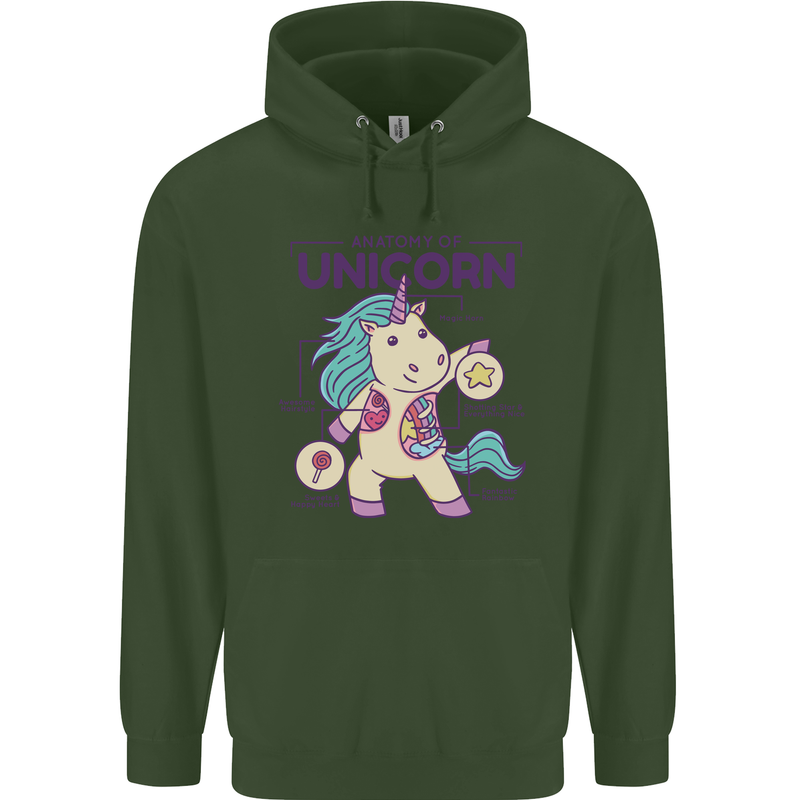 Anatomy of a Unicorn Funny Fantasy Childrens Kids Hoodie Forest Green
