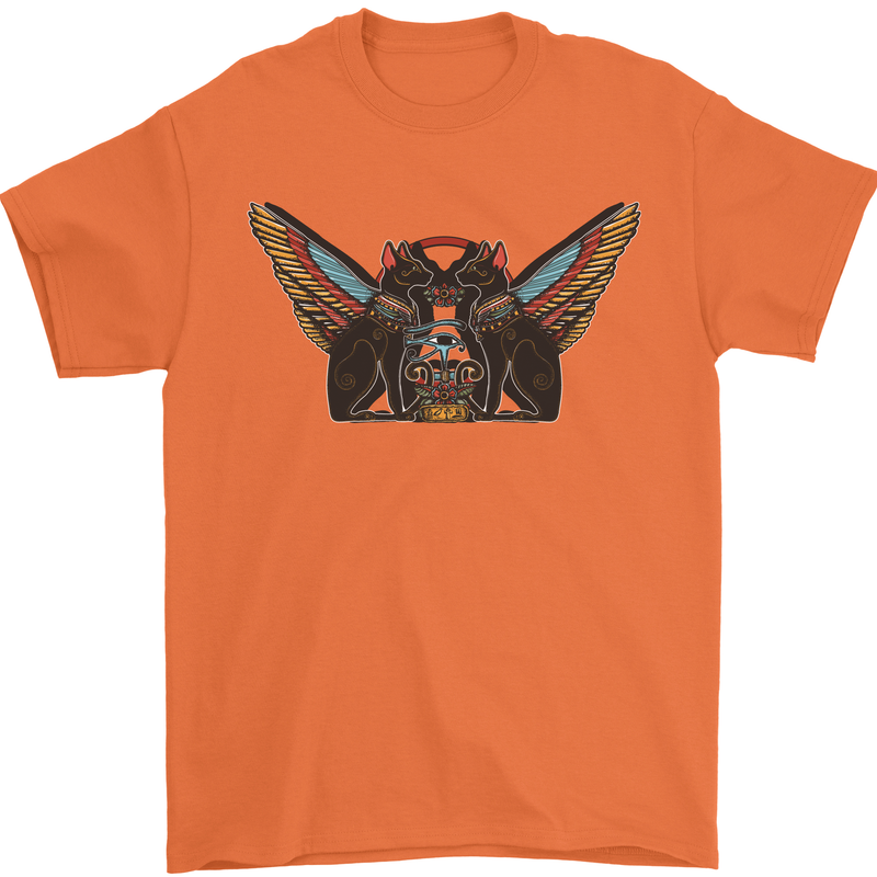 Ancient Egypt Winged Cats Eye of Horus Mens T-Shirt Cotton Gildan Orange