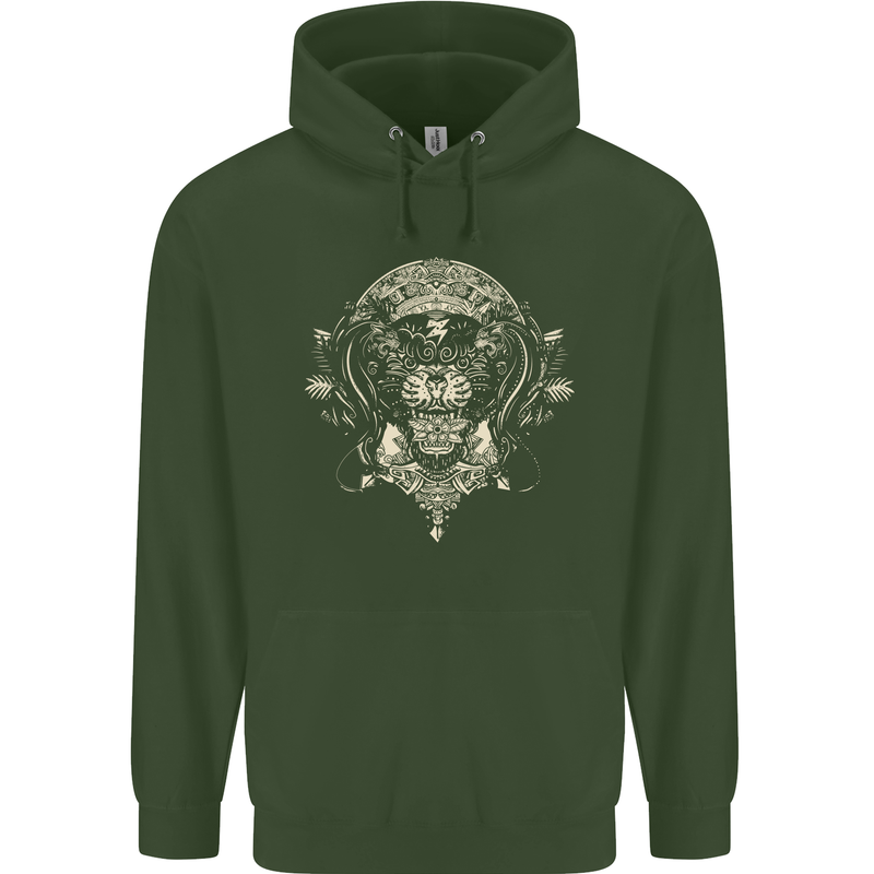Ancient Mayan Aztec Tiger Art Tattoo Tribal Childrens Kids Hoodie Forest Green