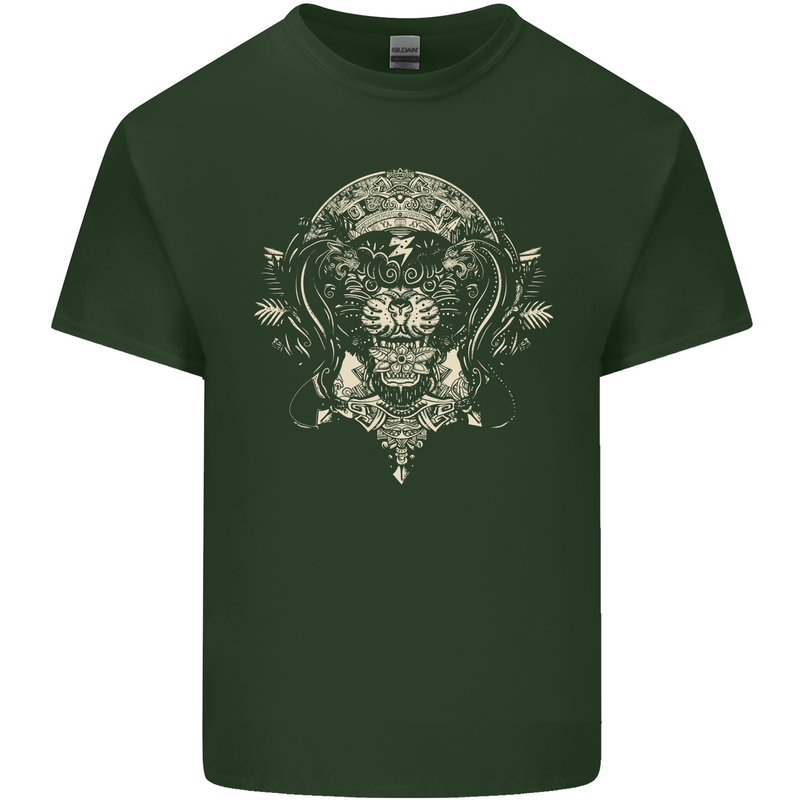 Ancient Mayan Aztec Tiger Art Tattoo Tribal Mens Cotton T-Shirt Tee Top Forest Green