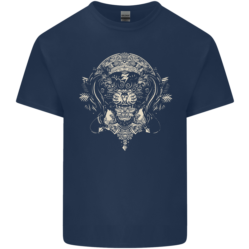 Ancient Mayan Aztec Tiger Art Tattoo Tribal Mens Cotton T-Shirt Tee Top Navy Blue