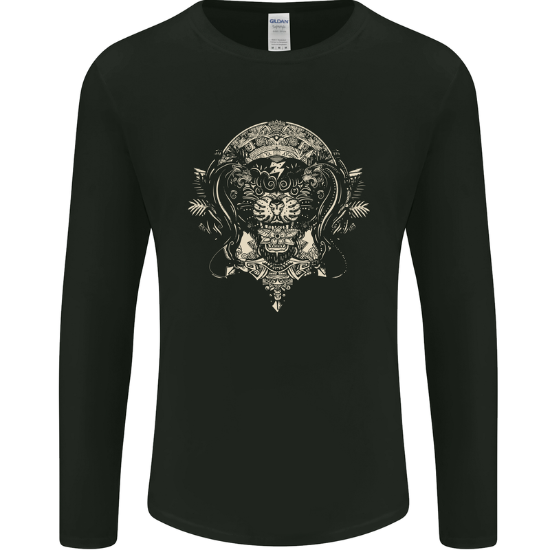 Ancient Mayan Aztec Tiger Art Tattoo Tribal Mens Long Sleeve T-Shirt Black
