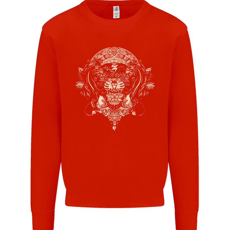 Ancient Mayan Aztec Tiger Art Tattoo Tribal Mens Sweatshirt Jumper Bright Red