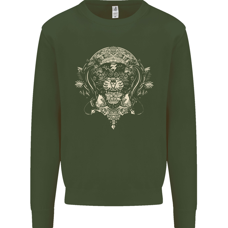 Ancient Mayan Aztec Tiger Art Tattoo Tribal Mens Sweatshirt Jumper Forest Green