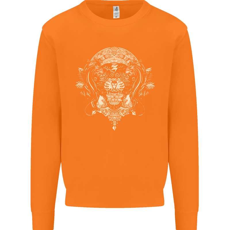 Ancient Mayan Aztec Tiger Art Tattoo Tribal Mens Sweatshirt Jumper Orange
