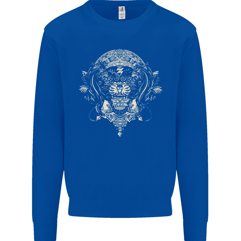 Ancient Mayan Aztec Tiger Art Tattoo Tribal Mens Sweatshirt Jumper Royal Blue