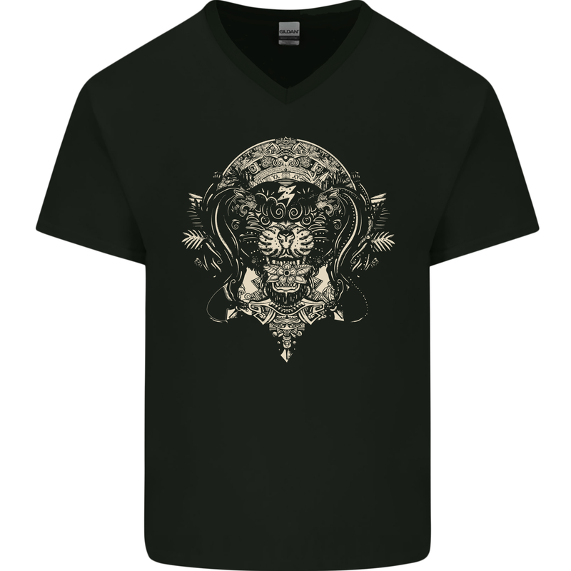 Ancient Mayan Aztec Tiger Art Tattoo Tribal Mens V-Neck Cotton T-Shirt Black
