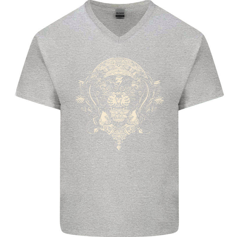 Ancient Mayan Aztec Tiger Art Tattoo Tribal Mens V-Neck Cotton T-Shirt Sports Grey
