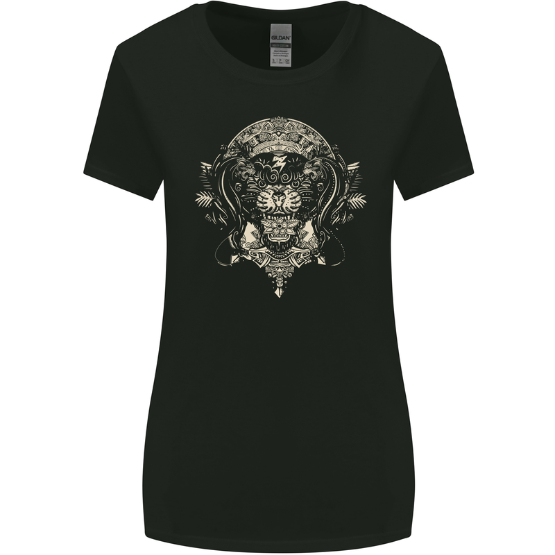 Ancient Mayan Aztec Tiger Art Tattoo Tribal Womens Wider Cut T-Shirt Black