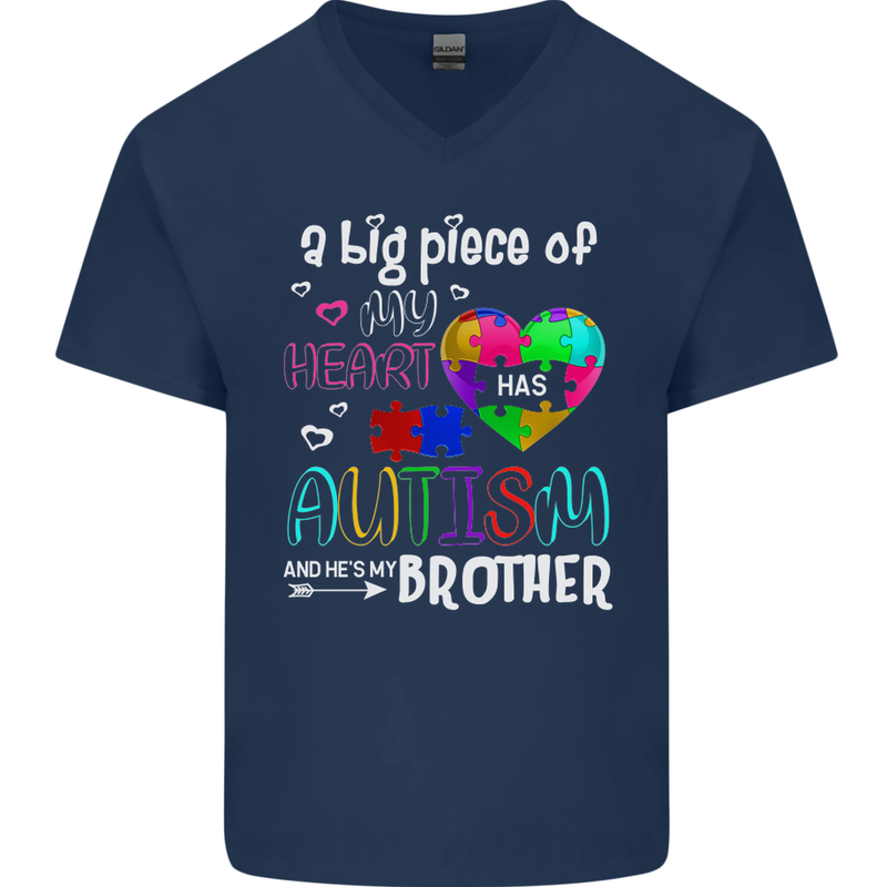 And He's My Brother Autistic Autism ASD Mens V-Neck Cotton T-Shirt Navy Blue