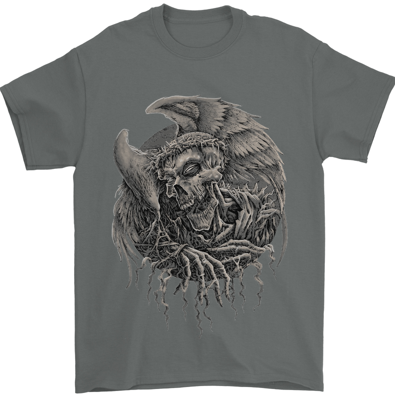Angel Skull of Death Biker Motorbike Gothic Mens T-Shirt Cotton Gildan Charcoal