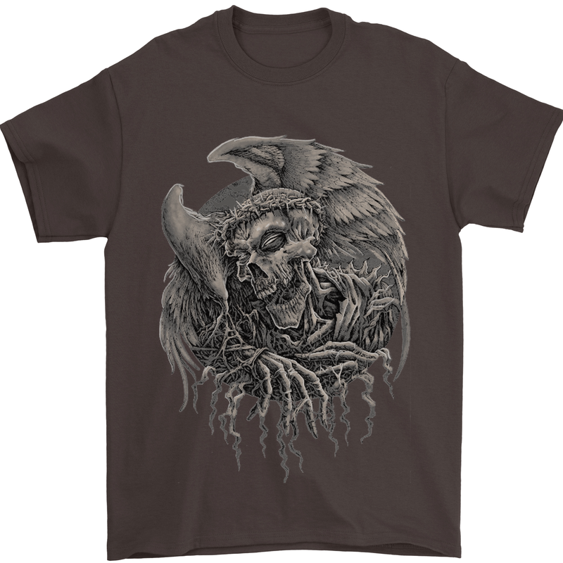 Angel Skull of Death Biker Motorbike Gothic Mens T-Shirt Cotton Gildan Dark Chocolate