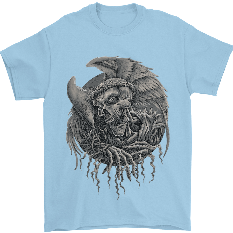 Angel Skull of Death Biker Motorbike Gothic Mens T-Shirt Cotton Gildan Light Blue