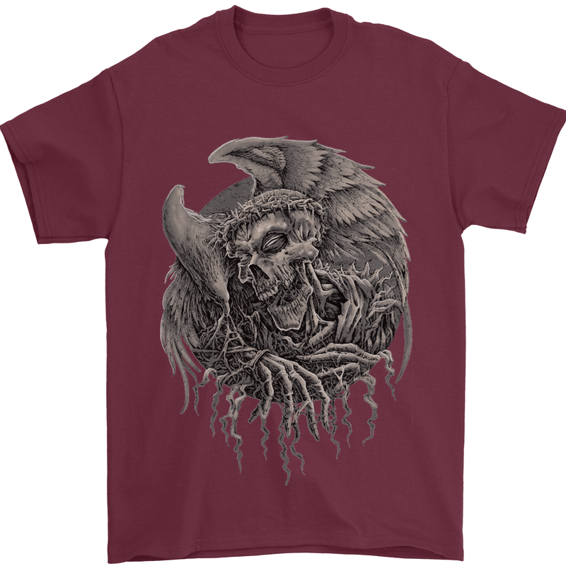 Angel Skull of Death Biker Motorbike Gothic Mens T-Shirt Cotton Gildan Maroon