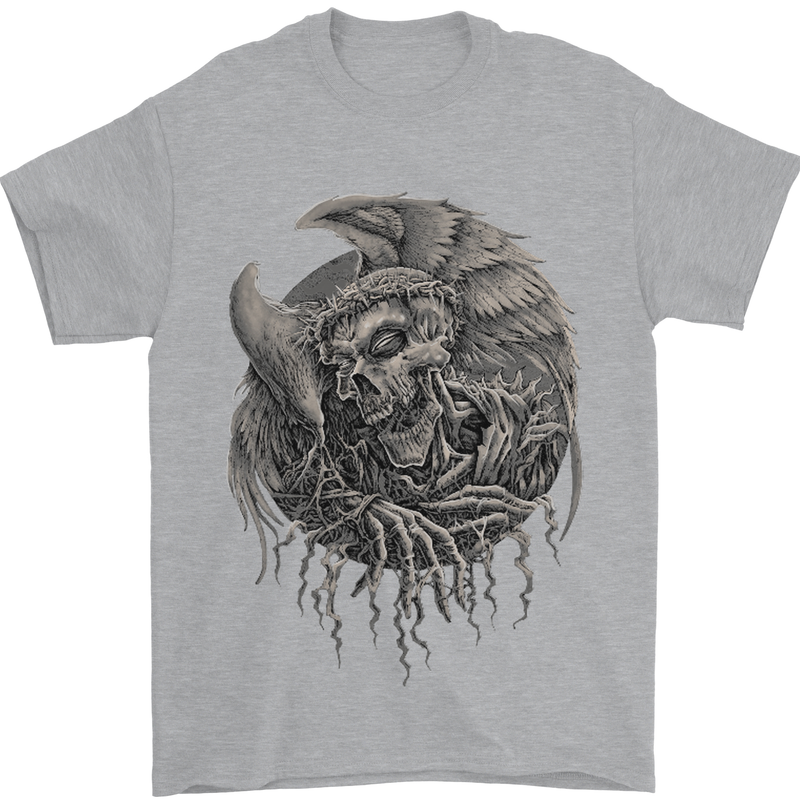 Angel Skull of Death Biker Motorbike Gothic Mens T-Shirt Cotton Gildan Sports Grey