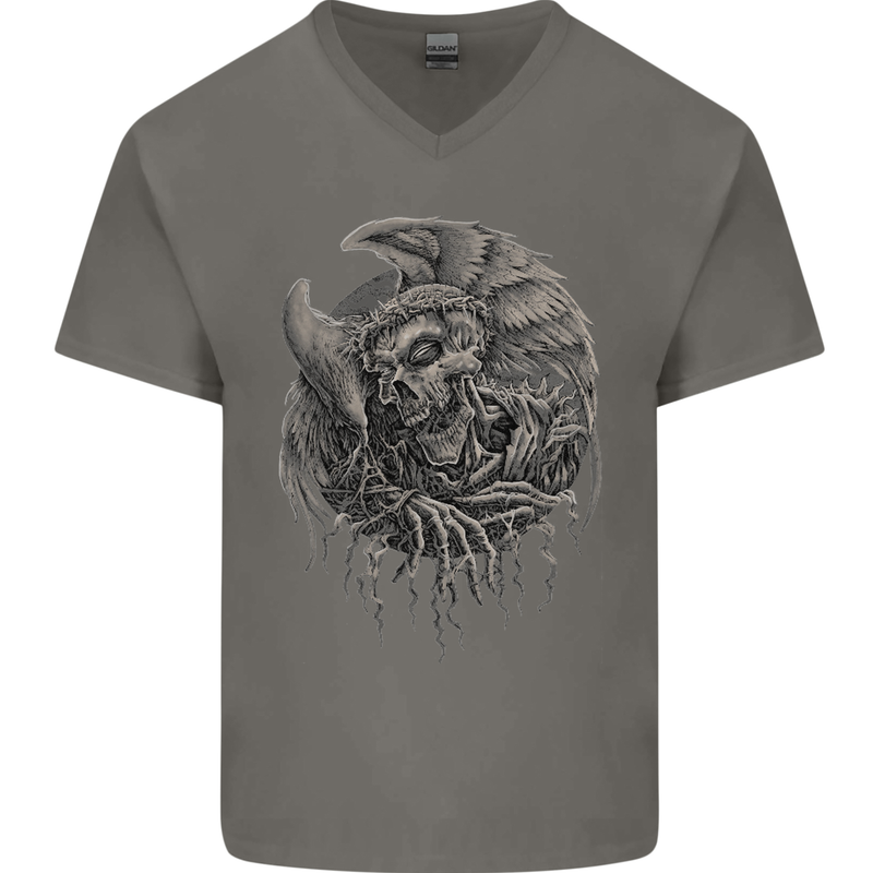 Angel Skull of Death Biker Motorbike Gothic Mens V-Neck Cotton T-Shirt Charcoal