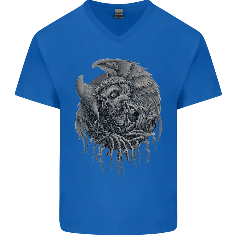 Angel Skull of Death Biker Motorbike Gothic Mens V-Neck Cotton T-Shirt Royal Blue