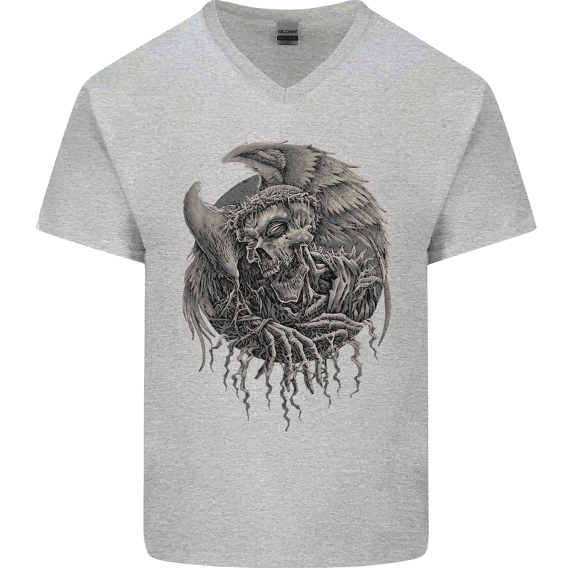 Angel Skull of Death Biker Motorbike Gothic Mens V-Neck Cotton T-Shirt Sports Grey