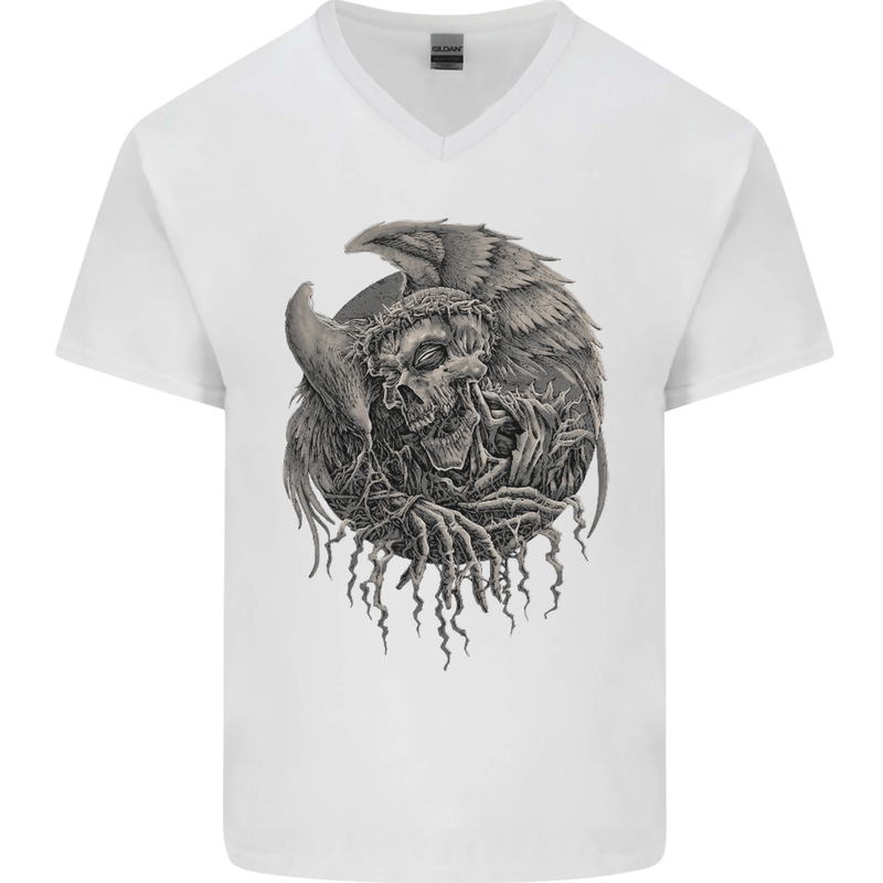 Angel Skull of Death Biker Motorbike Gothic Mens V-Neck Cotton T-Shirt White