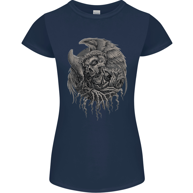 Angel Skull of Death Biker Motorbike Gothic Womens Petite Cut T-Shirt Navy Blue