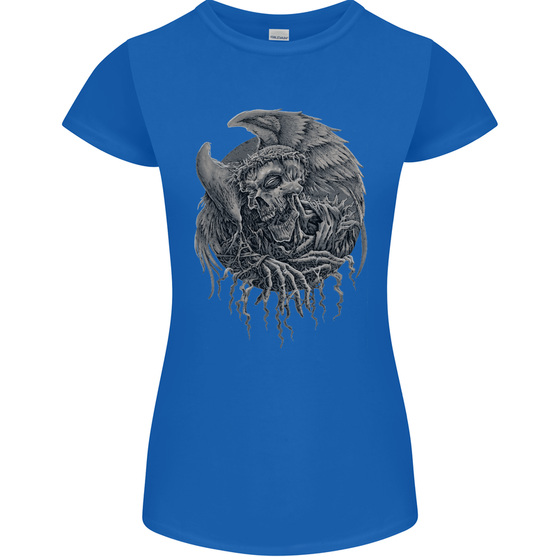 Angel Skull of Death Biker Motorbike Gothic Womens Petite Cut T-Shirt Royal Blue
