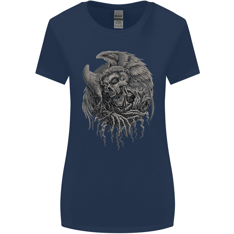Angel Skull of Death Biker Motorbike Gothic Womens Wider Cut T-Shirt Navy Blue