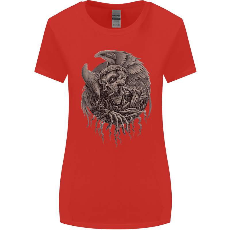 Angel Skull of Death Biker Motorbike Gothic Womens Wider Cut T-Shirt Red
