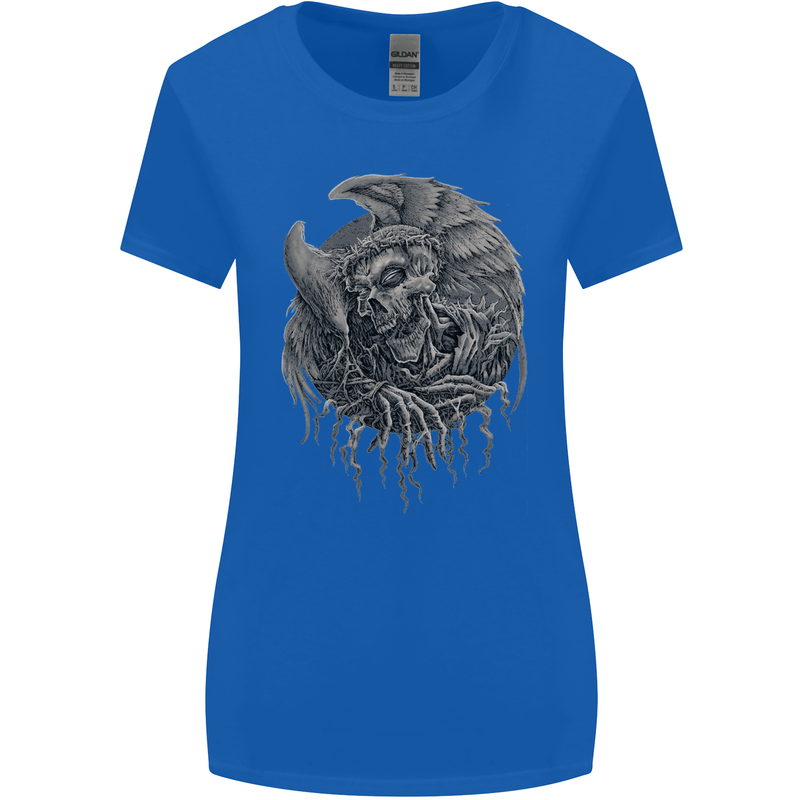 Angel Skull of Death Biker Motorbike Gothic Womens Wider Cut T-Shirt Royal Blue