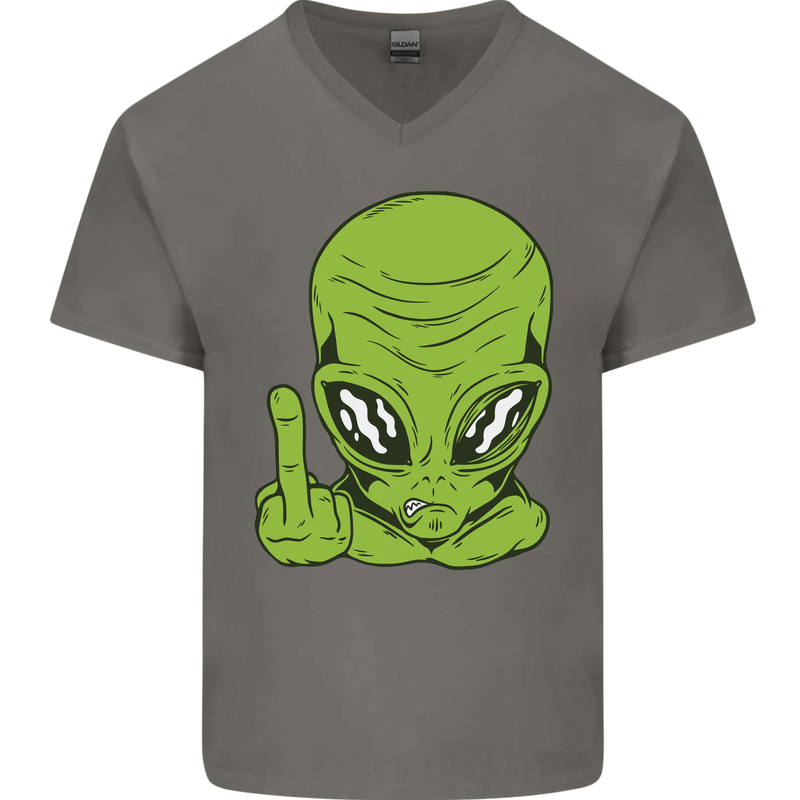 Angry Alien Finger Flip Funny Offensive Mens V-Neck Cotton T-Shirt Charcoal