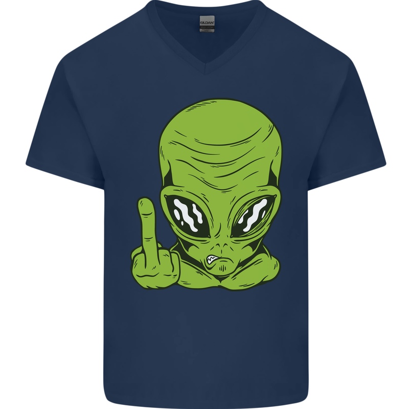 Angry Alien Finger Flip Funny Offensive Mens V-Neck Cotton T-Shirt Navy Blue
