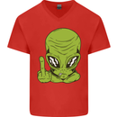 Angry Alien Finger Flip Funny Offensive Mens V-Neck Cotton T-Shirt Red