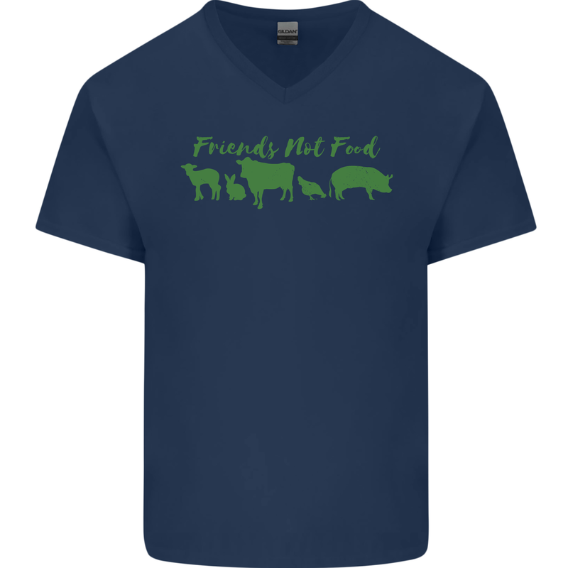 Animals Are Friends Not Food Vegan Mens V-Neck Cotton T-Shirt Navy Blue