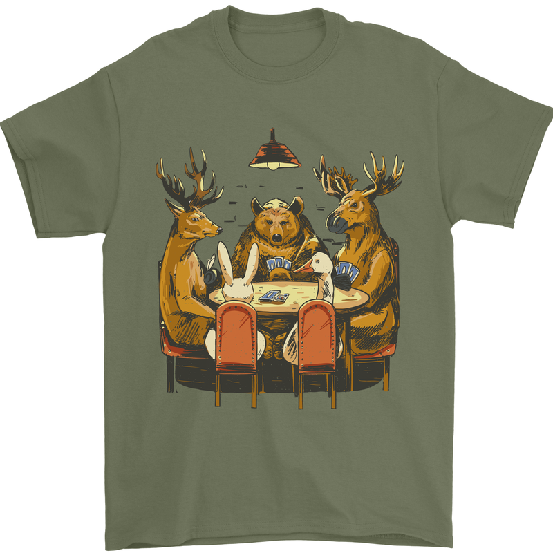 Animals Funny Wildlife Poker Game Cards Mens T-Shirt Cotton Gildan Military Green