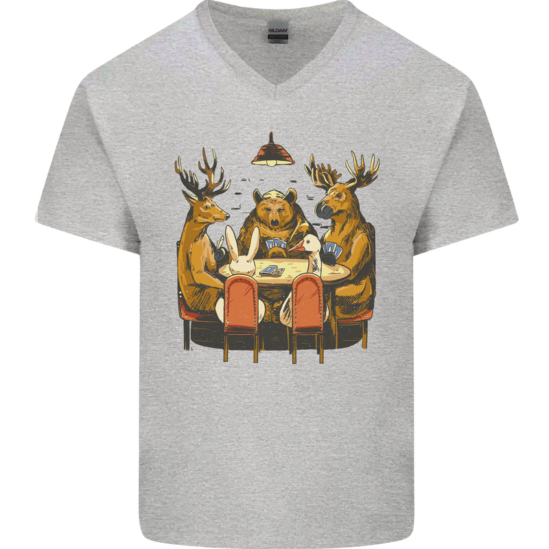 Animals Funny Wildlife Poker Game Cards Mens V-Neck Cotton T-Shirt Sports Grey