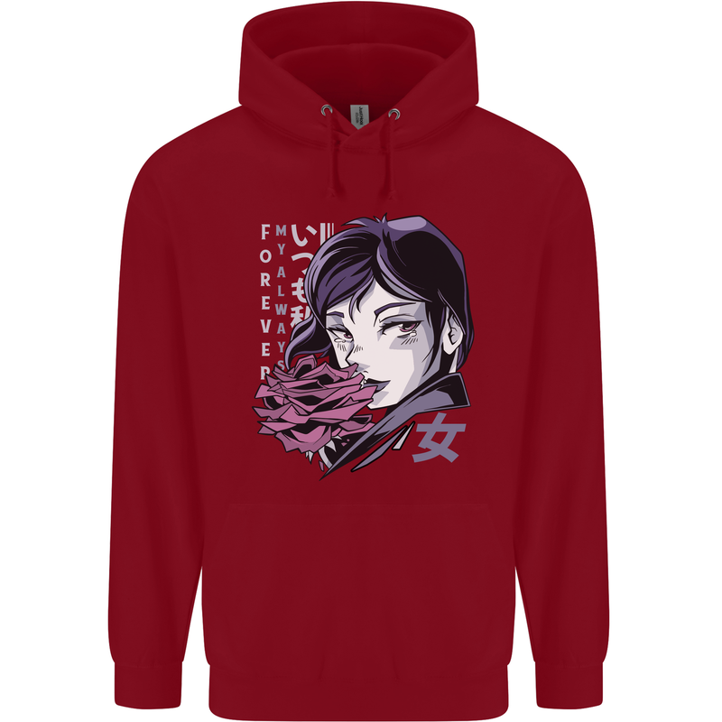 Anime Girl With Flowers Childrens Kids Hoodie Red