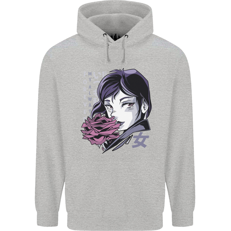 Anime Girl With Flowers Childrens Kids Hoodie Sports Grey