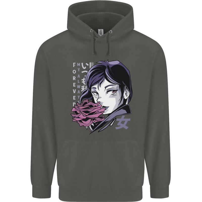 Anime Girl With Flowers Childrens Kids Hoodie Storm Grey