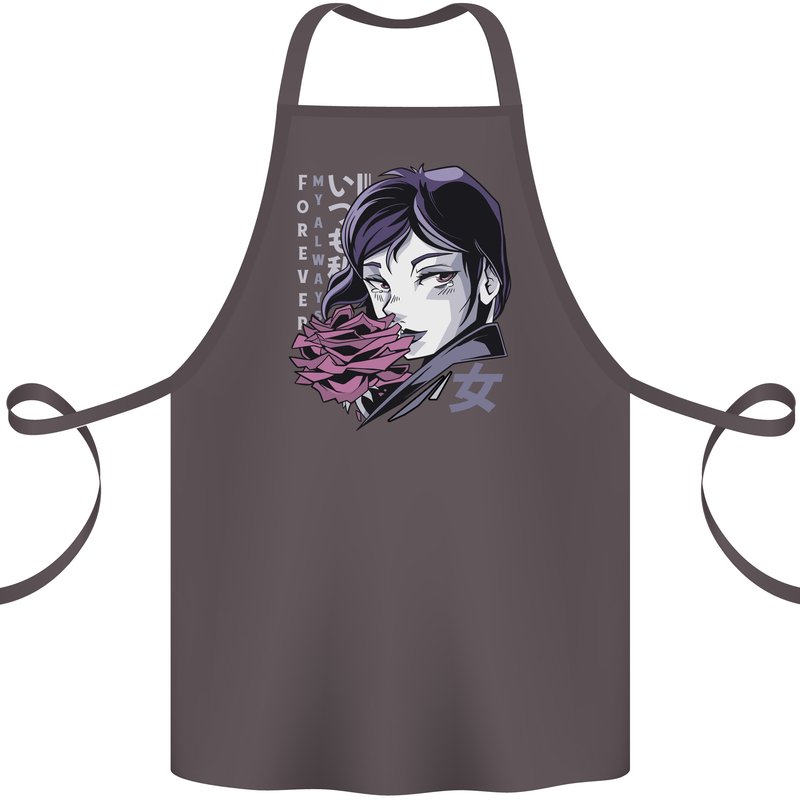 Anime Girl With Flowers Cotton Apron 100% Organic Dark Grey