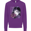 Anime Girl With Flowers Kids Sweatshirt Jumper Purple