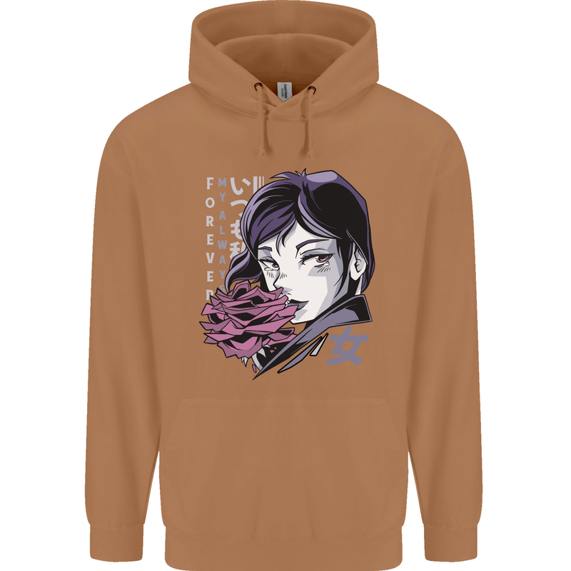 Anime Girl With Flowers Mens 80% Cotton Hoodie Caramel Latte