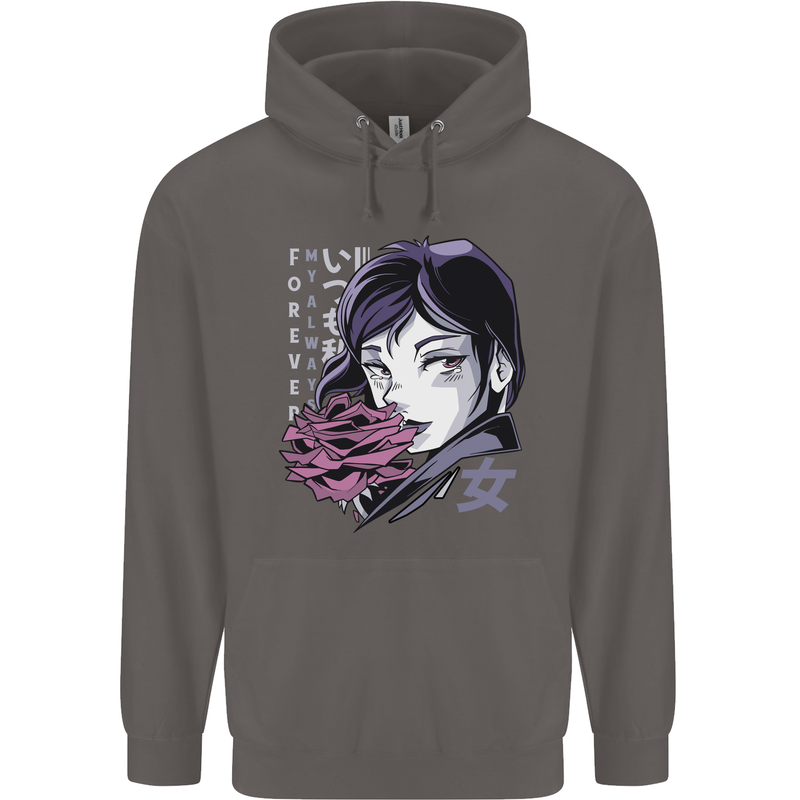 Anime Girl With Flowers Mens 80% Cotton Hoodie Charcoal